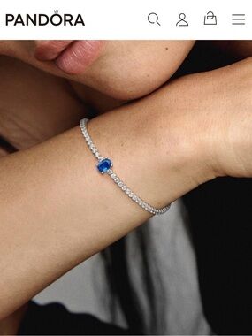 Pandora Tennis Bracelet 925 Sterling Silver Blue Stone! Gorgeous!